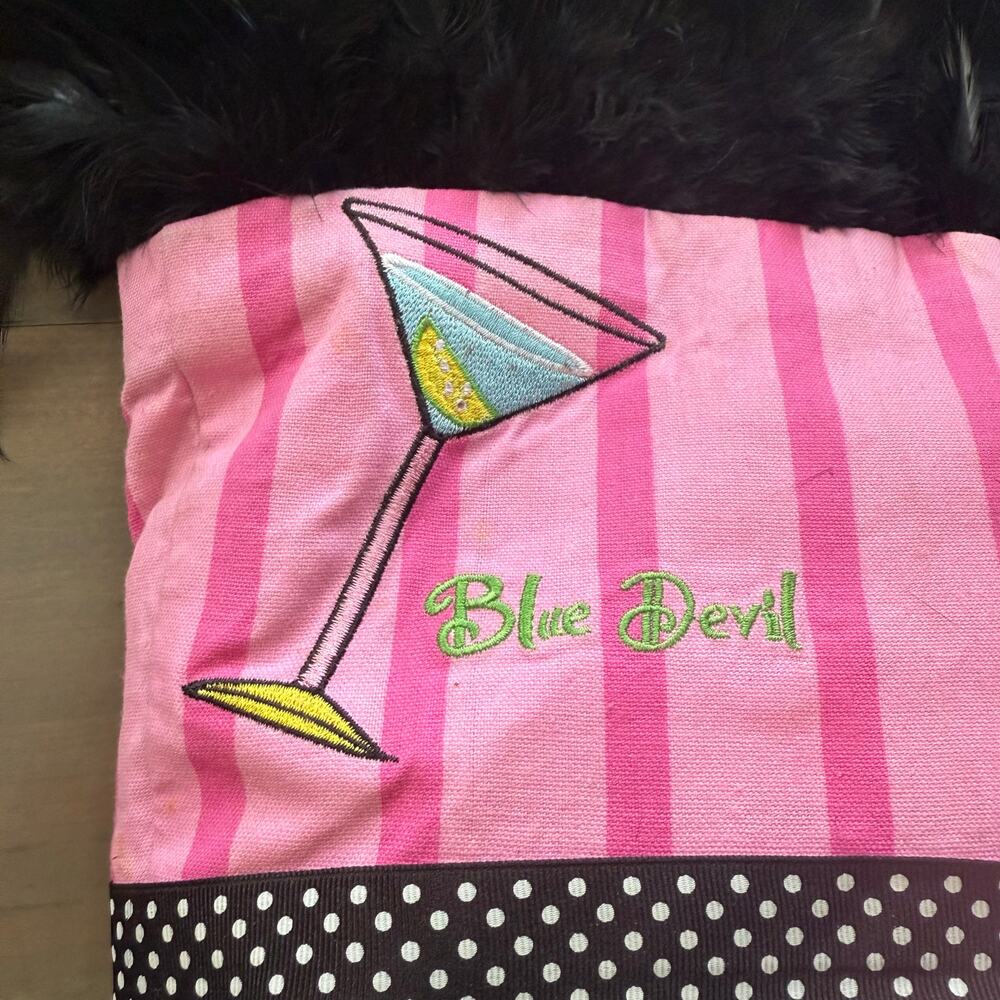 Vintage Blue Devil Pink Striped Martini Zebra Trim Faux Fur Tote Purse - Picture 5 of 9
